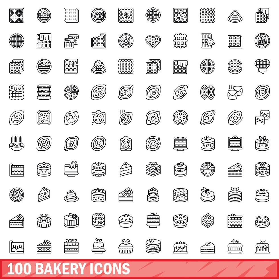 100 iconos de panadería, estilo de esquema vector