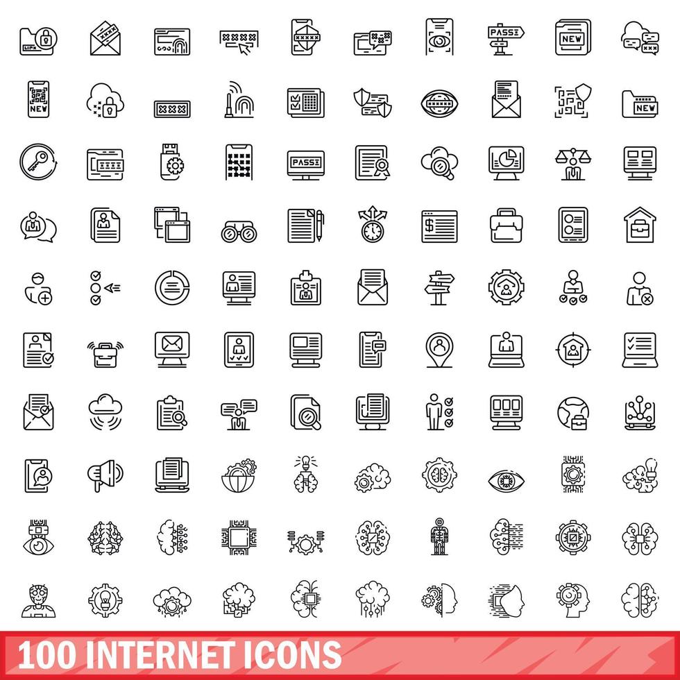 100 internet icons set, outline style vector