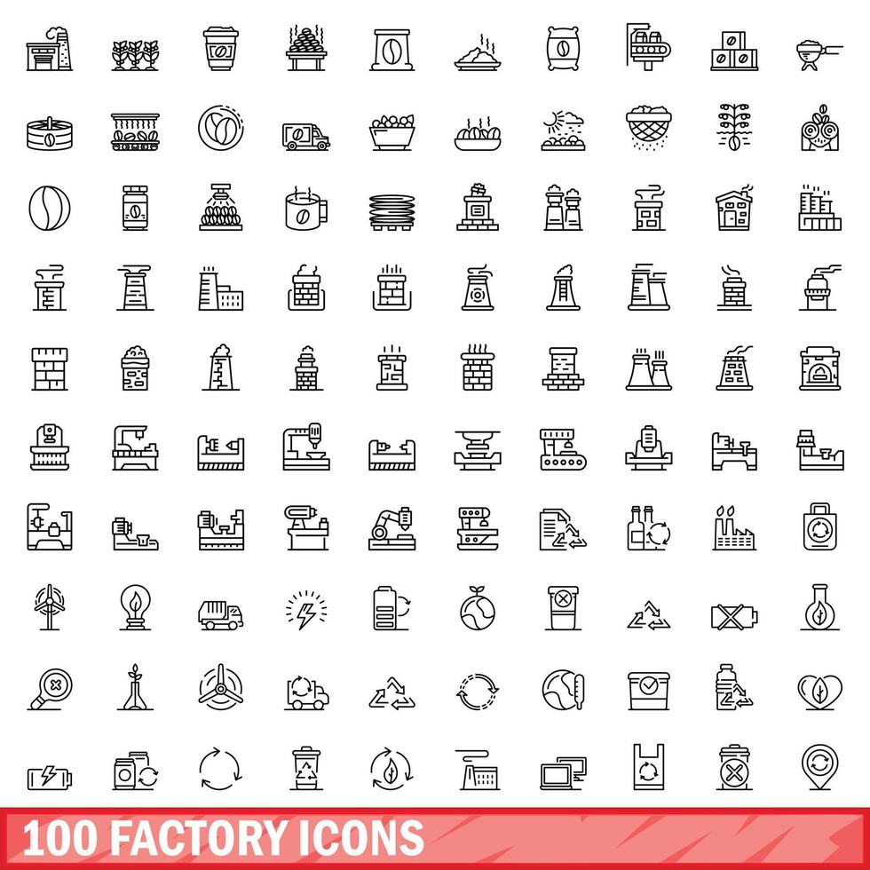 100 factory icons set, outline style vector