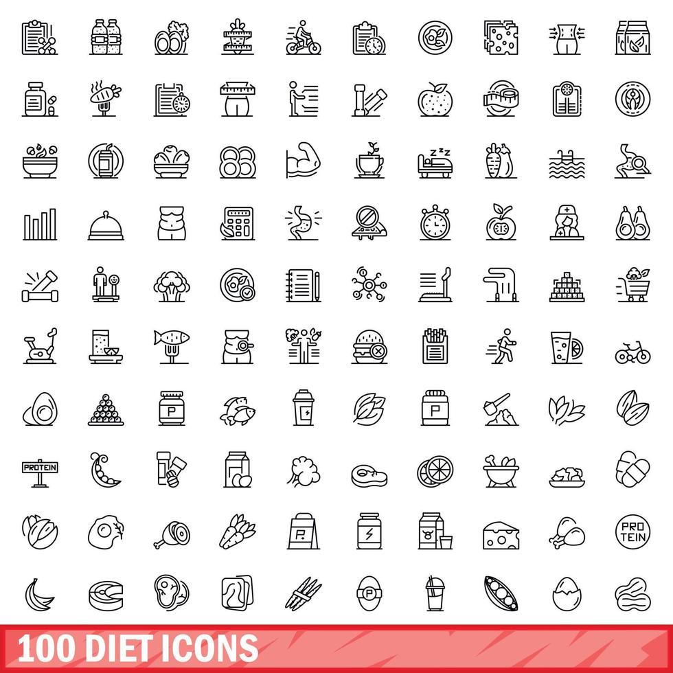 100 diet icons set, outline style vector