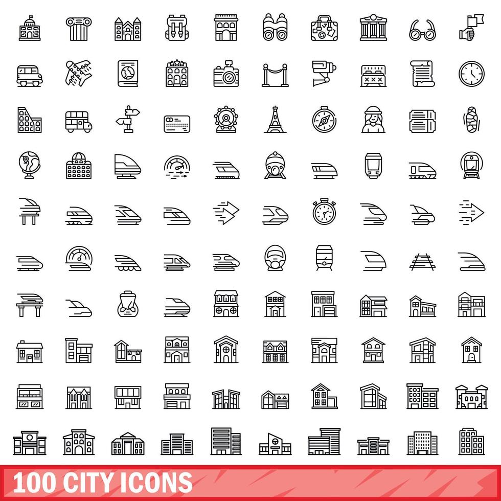 100 city icons set, outline style vector