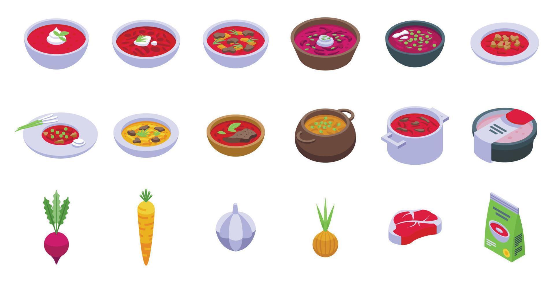 los iconos de borsch establecen un vector isométrico. comida de remolacha