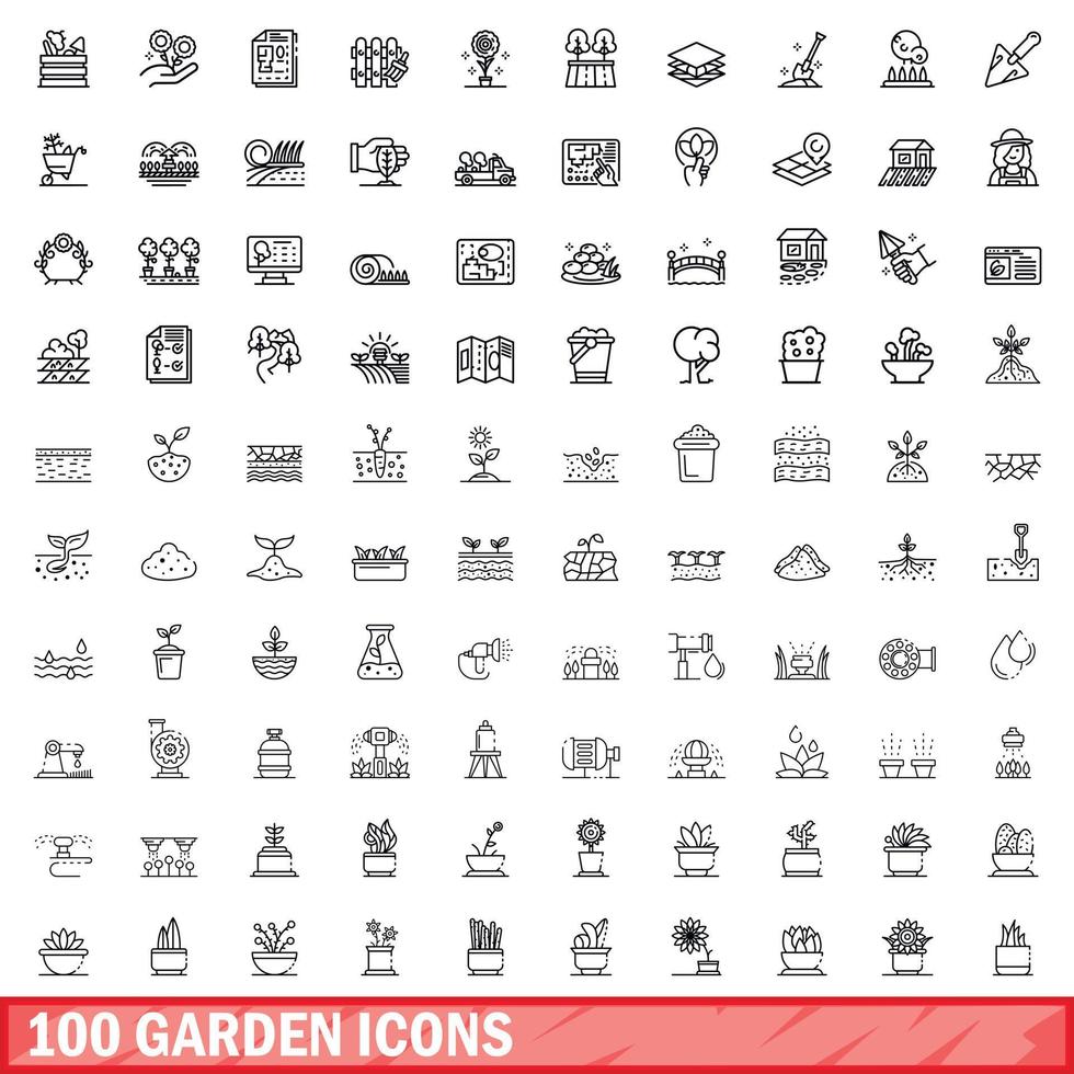 100 garden icons set, outline style vector