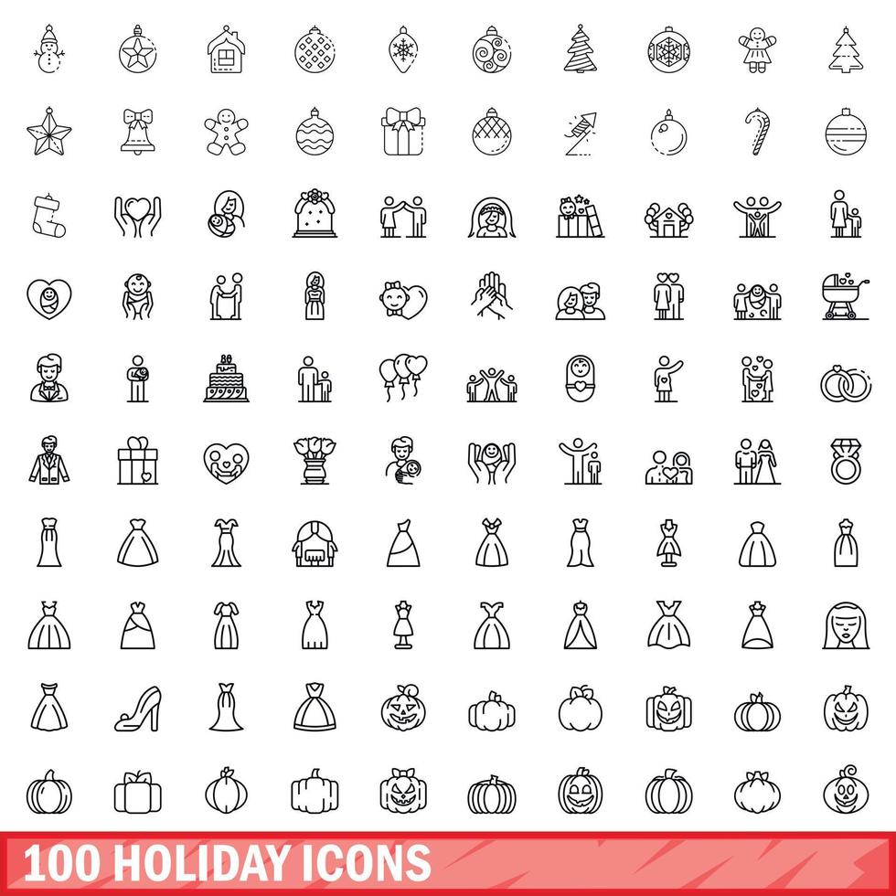 100 holiday icons set, outline style vector