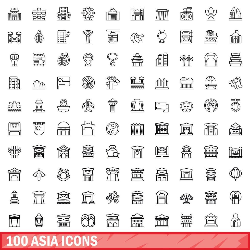 100 asia icons set, outline style vector