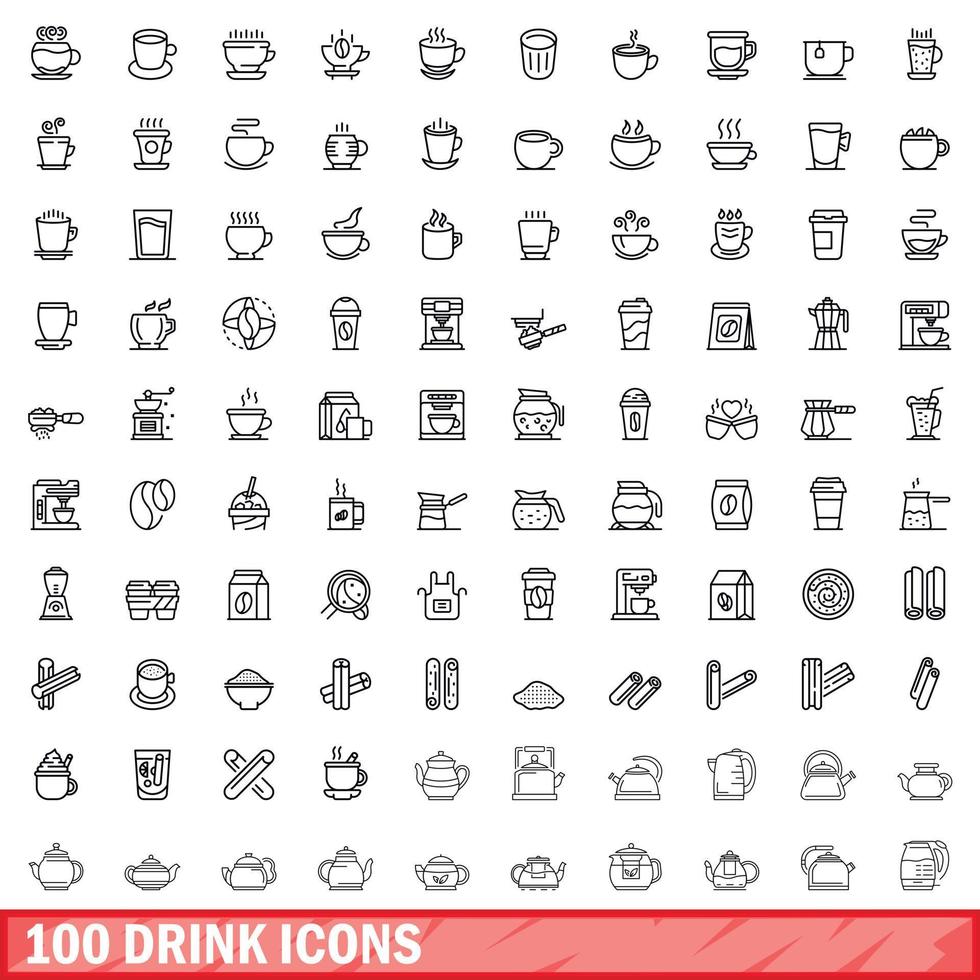 100 drink icons set, outline style vector