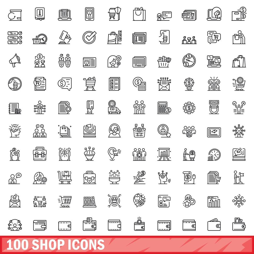 100 conjunto de iconos de tienda, estilo de contorno vector
