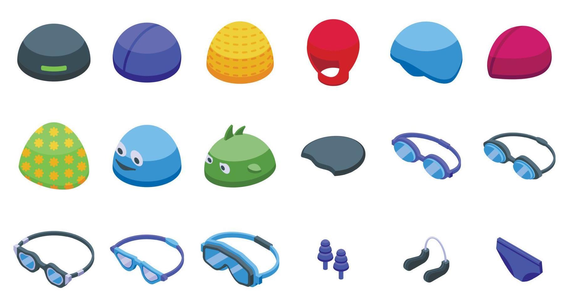 Swimming cap icons set isometric vector. Pool swim vector