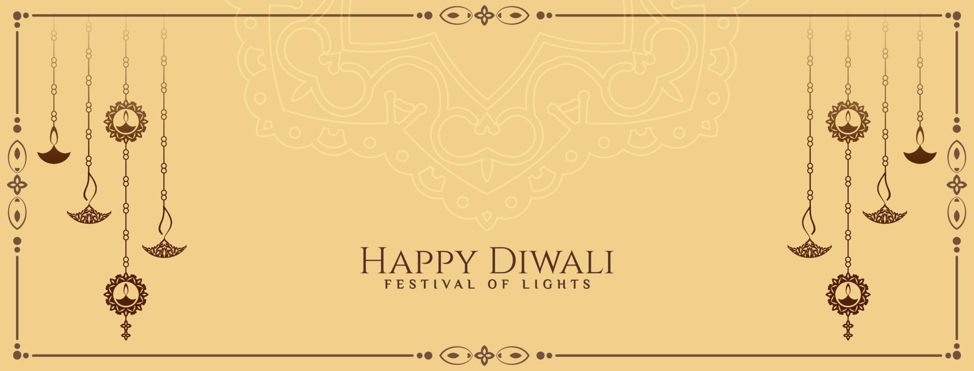 Happy Diwali festival banner with beautiful hanging lamps design vector