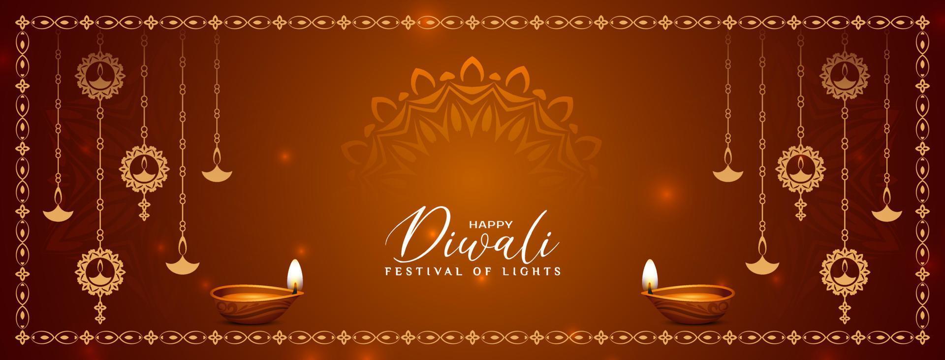 hermosa pancarta de saludo del festival feliz diwali con diseño de lámparas colgantes vector