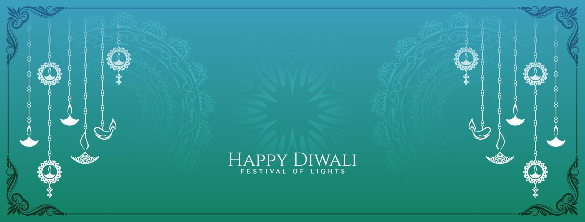 Happy Diwali Indian festival banner with decorative hanging lamps vector