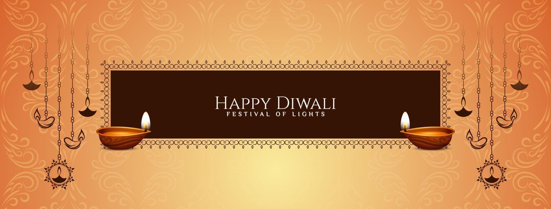 banner decorativo del festival feliz diwali con elegante diseño de lámparas colgantes vector
