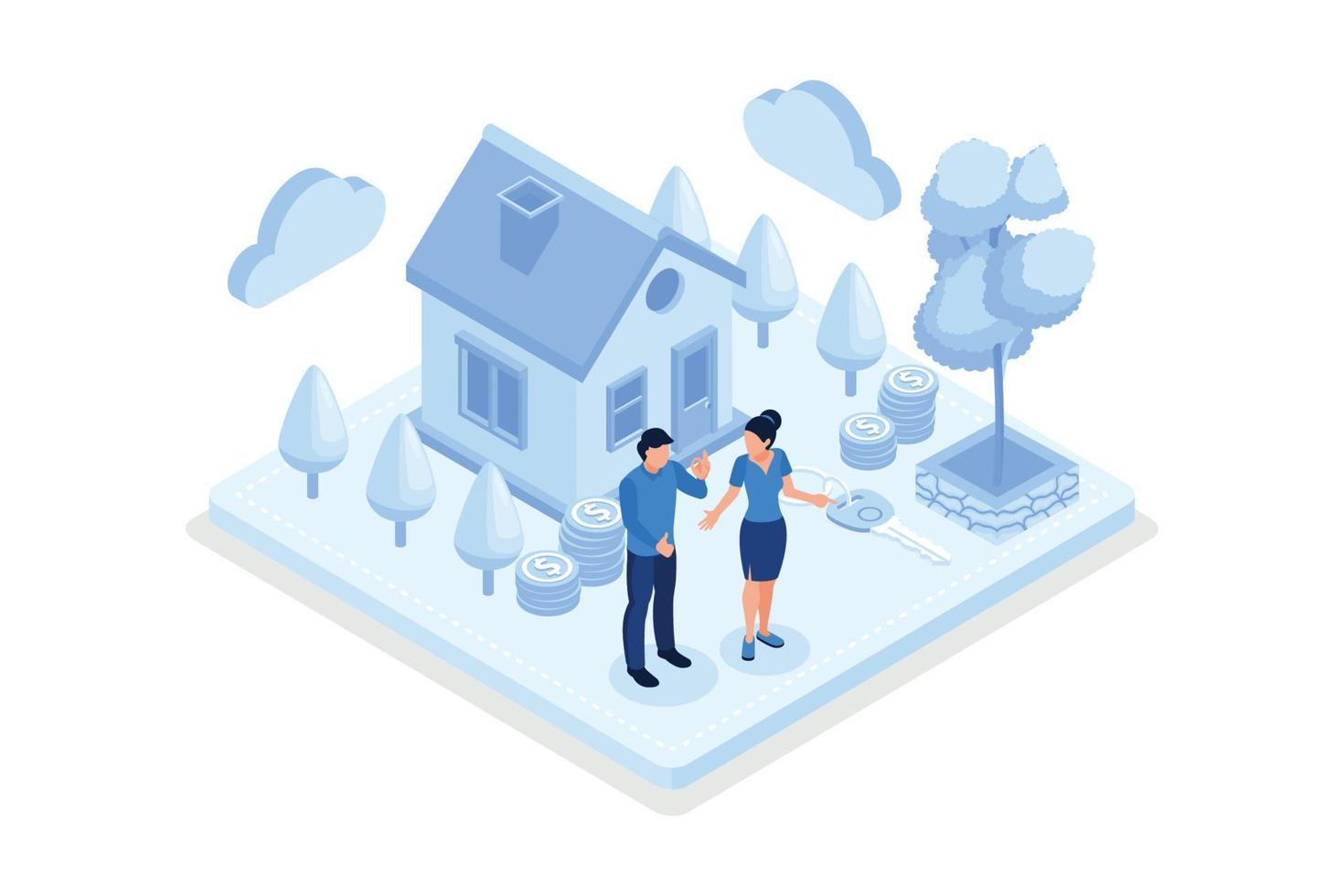 familia comprando casa con hipoteca y pagando crédito al banco. la gente invierte dinero en propiedades inmobiliarias. concepto de préstamo de vivienda, alquiler e hipoteca, ilustración moderna vectorial isométrica vector