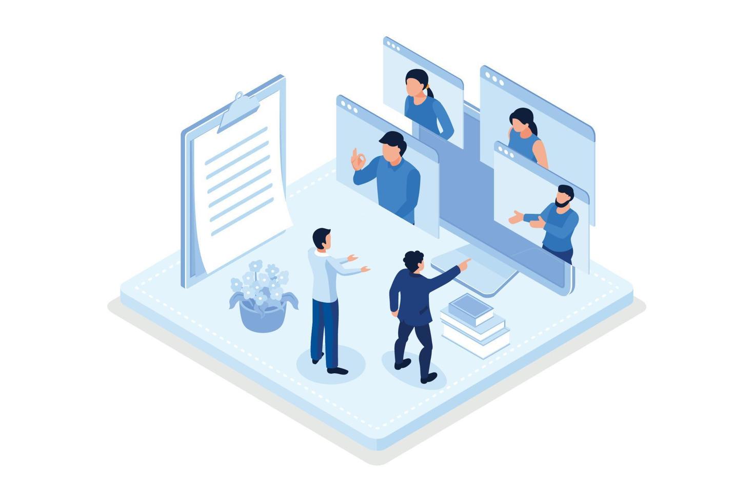 People Character working Remote at Home and using Laptop for Video Meeting with Colleagues. Online Discussion and Business Video Conference Concept, isometric vector modern illustration