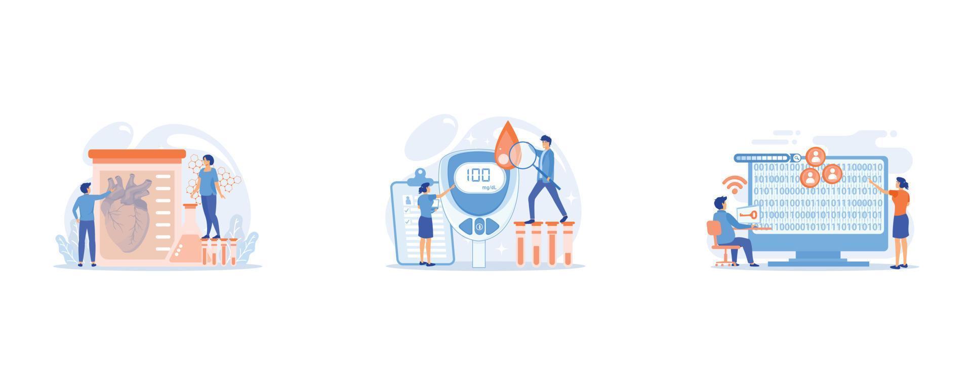Scientists growing big heart in test tube in laboratory, Doctor with magnifier and blood glucose testing meter, Hacker gathering target individuals sensitive data and making it public, vector