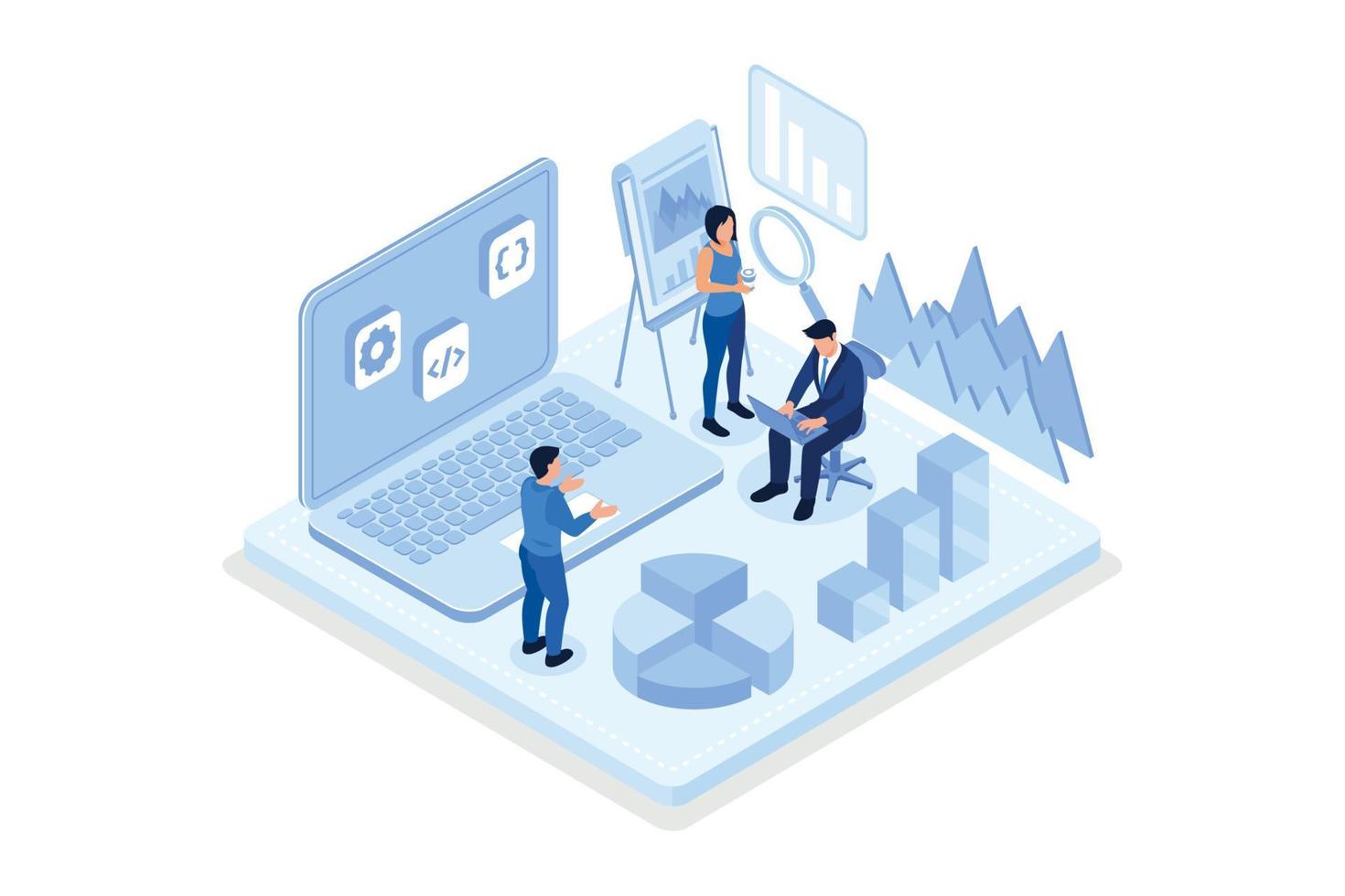 People Characters Working with Data Visualization on Laptop. Man and Woman Analyzing Tables, Charts and Graphs at Business Dashboard. Digital Data Analysis Concept, vector