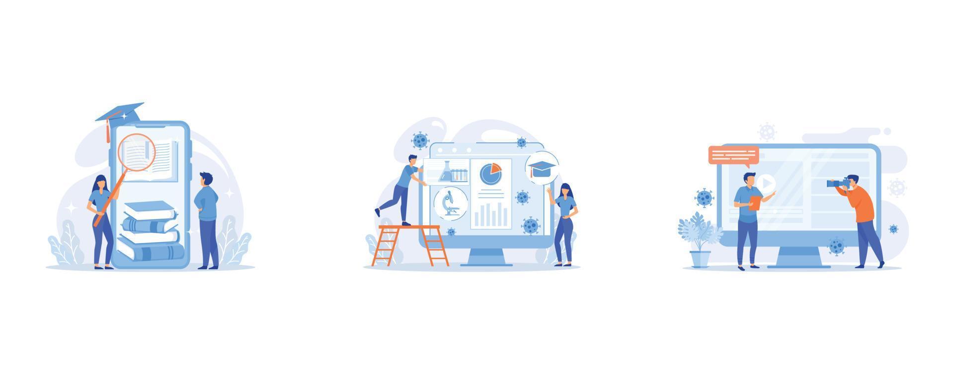 E-learning during global covid pandemic concept, Educational courses software for home-schooling during covid-2019 pandemic quarantine, Blogger streaming in self-isolation, vector
