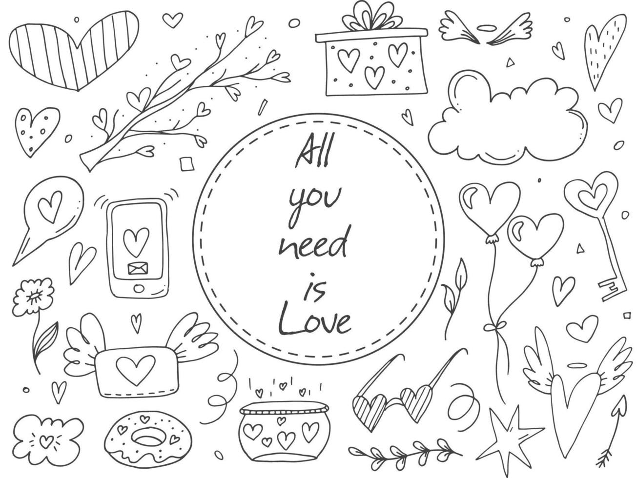 Big set of cute hand-drawn doodle elements about love. Message stickers for apps. Icons for Valentines Day, romantic events and wedding. vector