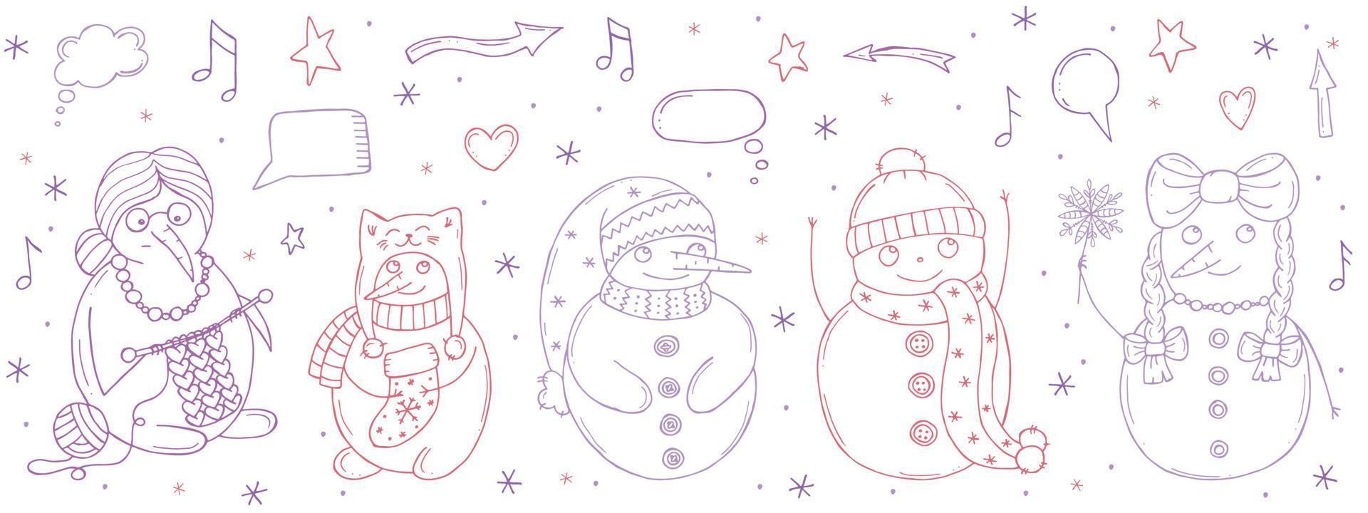 Set of cute snowmen on a white background. Vector illustration in doodle style. Winter mood. Hello 2023. Merry Christmas and Happy New Year.