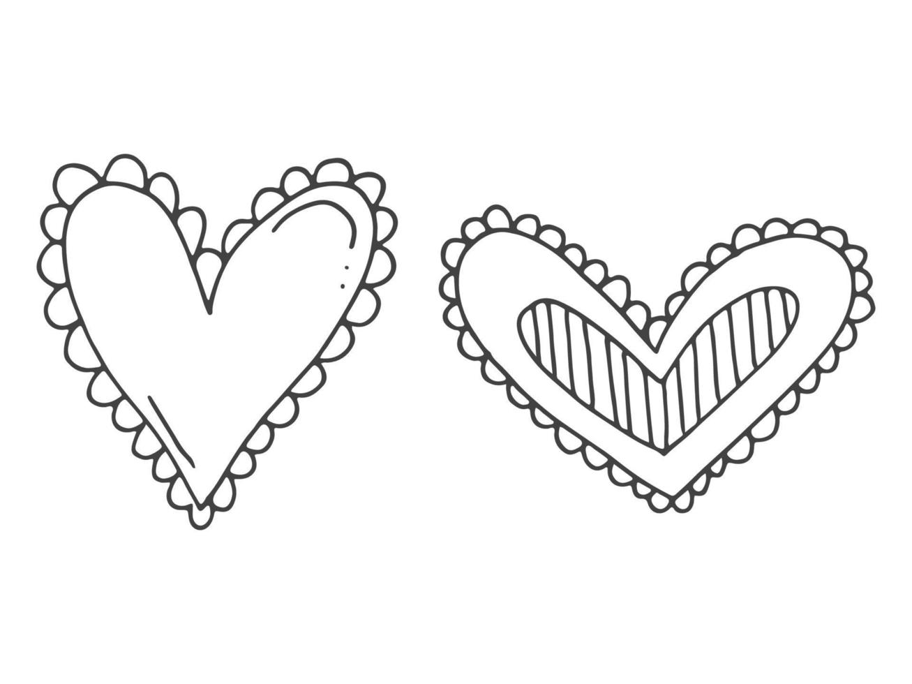 Big set of cute hand-drawn doodle elements about love. Message stickers for apps. Icons for Valentines Day, romantic events and wedding. Hearts with stripes and edging. vector