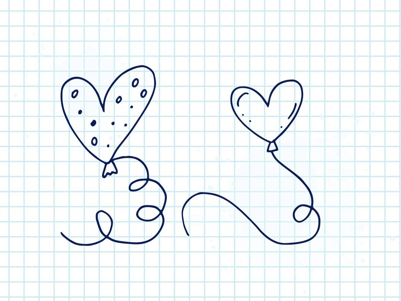 Set of cute hand-drawn doodle elements about love. Message stickers for apps. Icons for Valentines Day, romantic events and wedding. A checkered notebook. Balloons in the shape of hearts are flying. vector