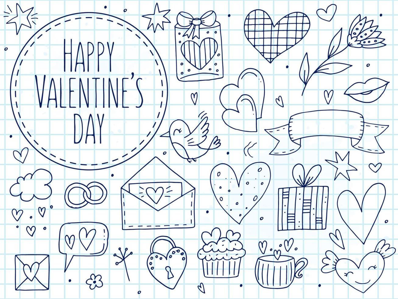 Big set of cute hand-drawn doodle elements about love. Message stickers for apps. Icons for Valentines Day, romantic events and wedding. A checkered notebook. vector