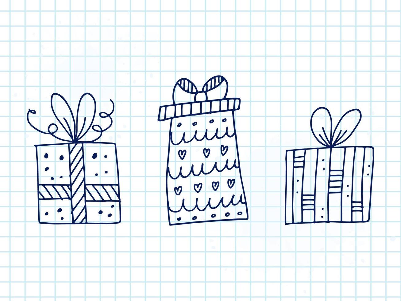 Set of cute hand-drawn doodle elements about love. Message stickers for apps. Icons for Valentines Day, romantic events and wedding. A checkered notebook. Gift boxes with ornaments, bows and hearts. vector