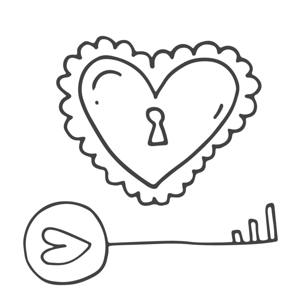 Set of cute hand-drawn doodle elements about love. Message stickers for apps. Icons for Valentines Day, romantic events and wedding. Heart-shaped locks and keys. vector