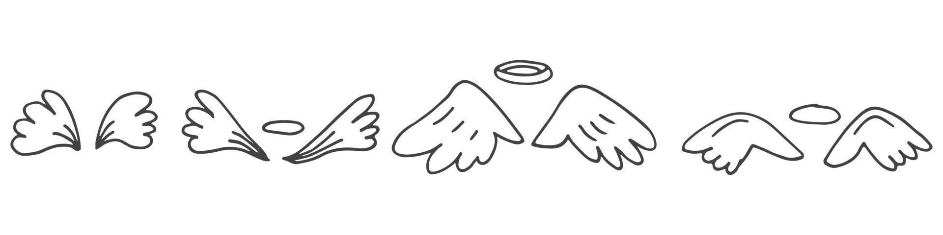 Set of cute hand-drawn doodle elements about love. Message stickers for apps. Icons for Valentines Day, romantic events and wedding. Wings of angels with halos. vector