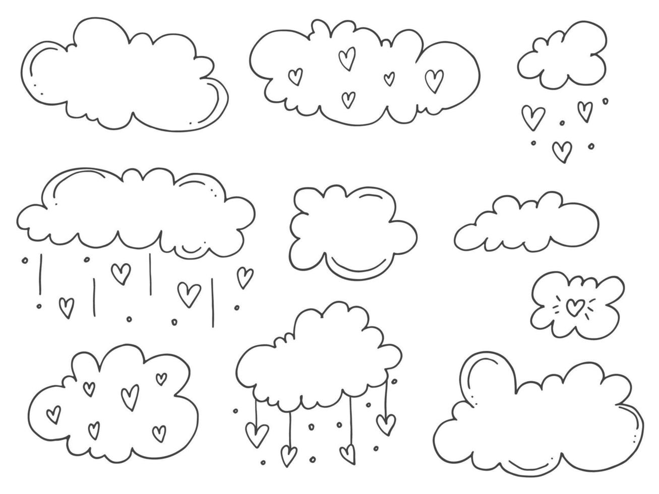 Set of cute hand-drawn doodle elements about love. Message stickers for apps. Icons for Valentines Day, romantic events and wedding. Clouds and rain from hearts. vector