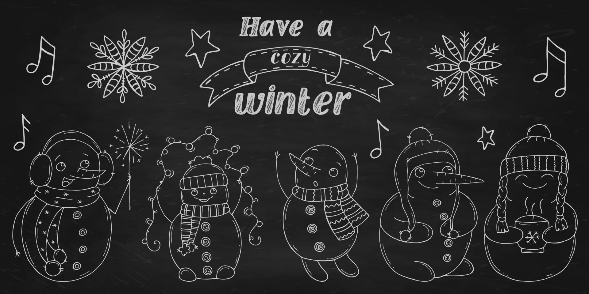 Set of cute snowmen on a black chalk board. Vector illustration in doodle style. Winter mood. Hello 2023. Merry Christmas and Happy New Year.