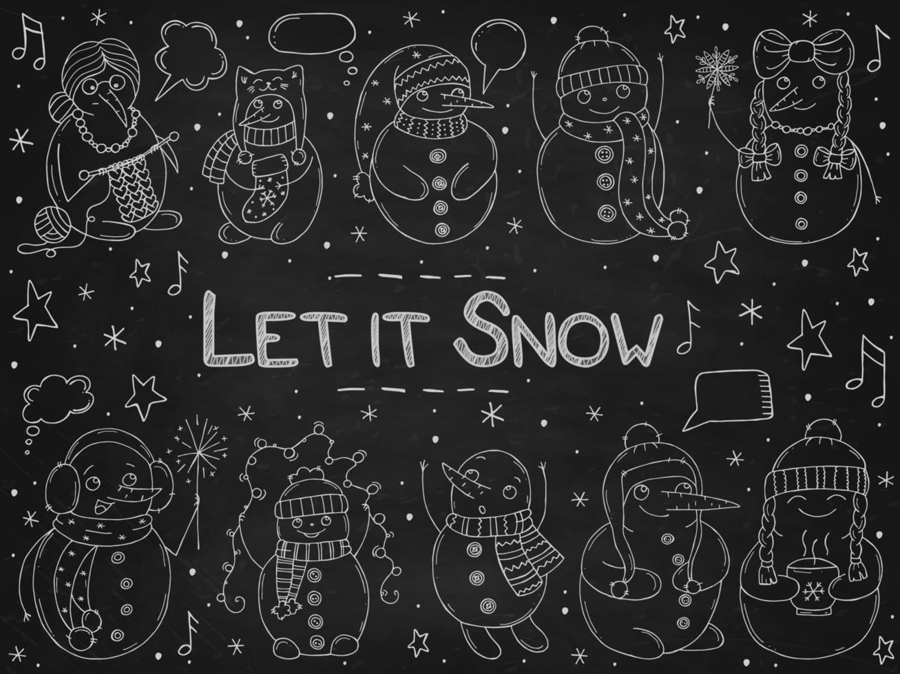 Set of cute snowmen on a black chalk board. Vector illustration in doodle style. Winter mood. Hello 2023. Merry Christmas and Happy New Year.