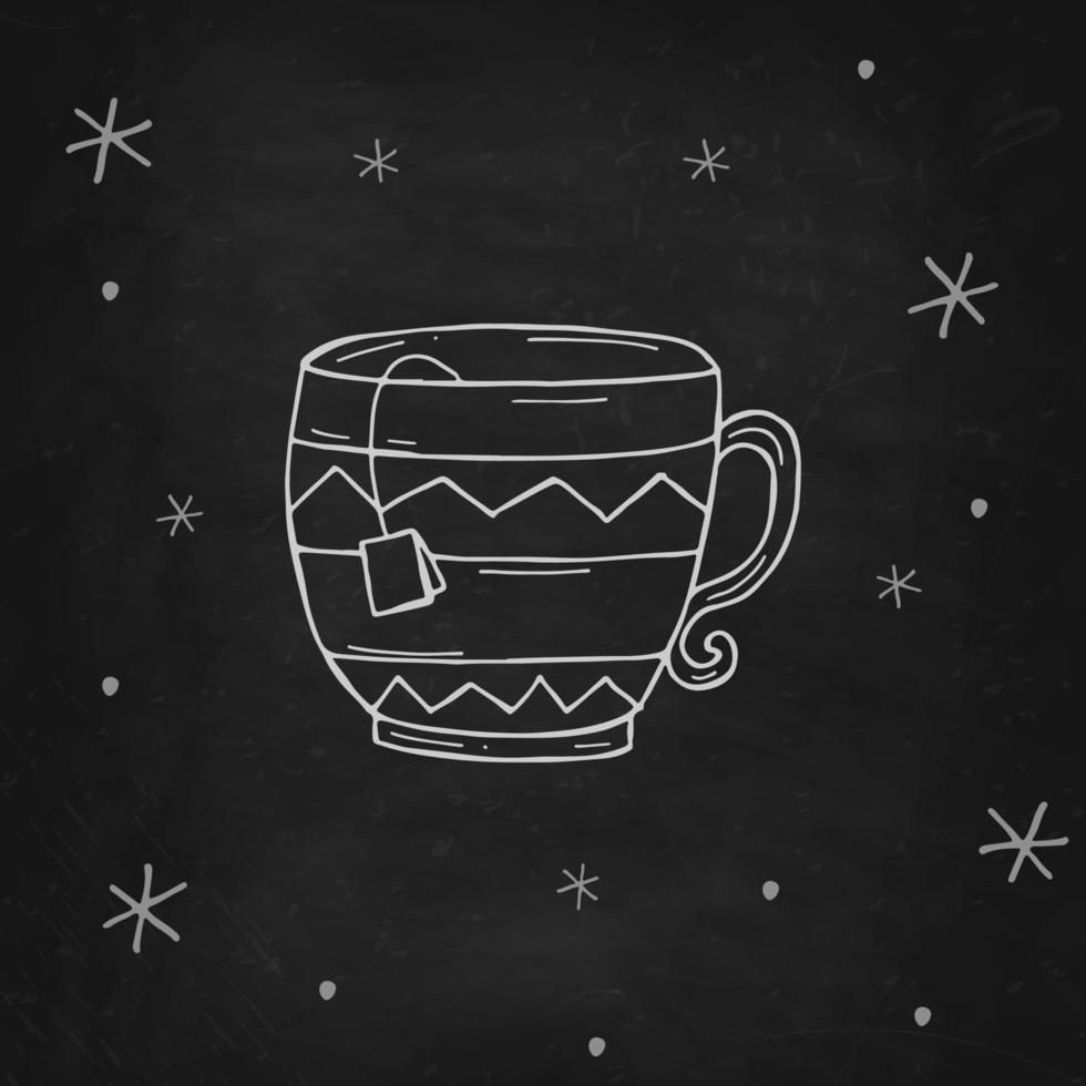 Cup of tea with a snowflakes on a black chalk board. Vector illustration in doodle style. Winter mood. Hello 2023. Merry Christmas and Happy New Year.