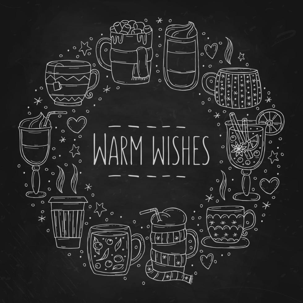 Set of a warming winter drinks on a black chalk board. Vector illustration in doodle style. Winter mood. Hello 2023. Merry Christmas and Happy New Year.