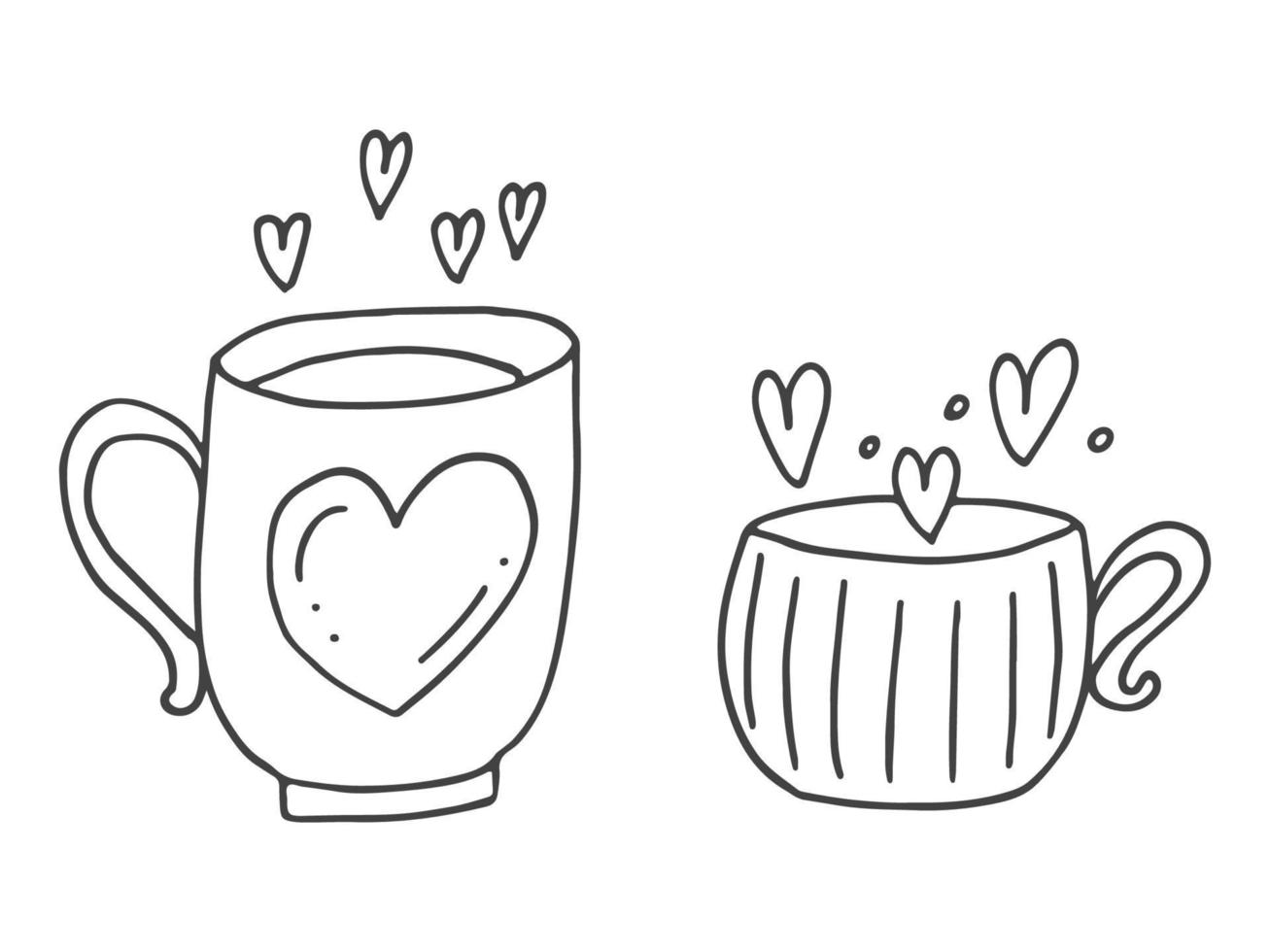 Set of cute hand-drawn doodle elements about love. Message stickers for apps. Icons for Valentines Day, romantic events and wedding. Cups with a love drink and hearts. vector