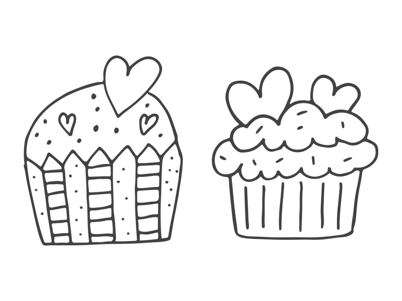 Set of cute hand-drawn doodle elements about love. Message stickers for apps. Icons for Valentines Day, romantic events and wedding. Cupcakes with hearts. vector