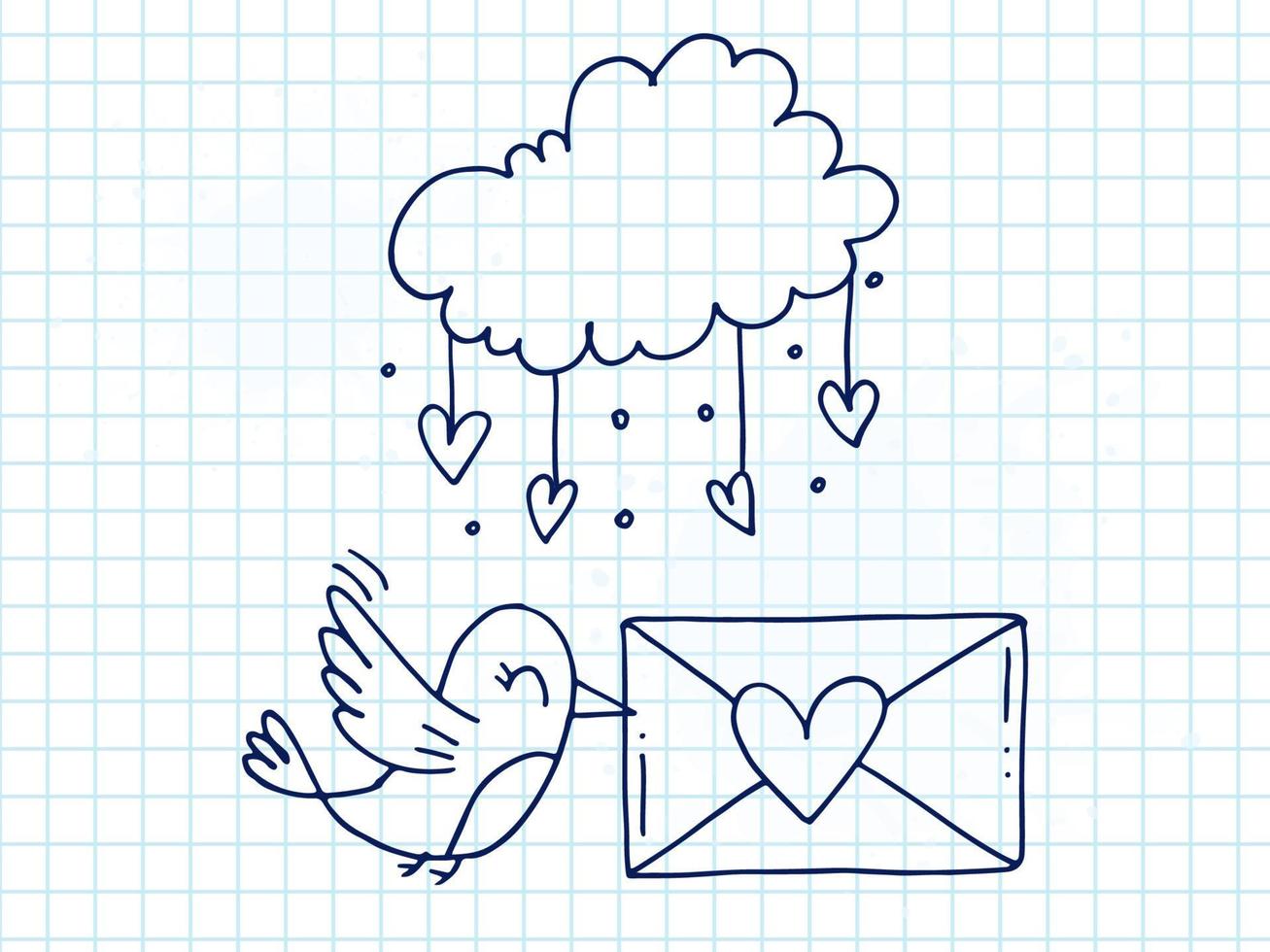 Set of cute hand-drawn doodle elements about love. Message stickers for apps. Icons for Valentines Day, romantic events and wedding. Checkered notebook. A bird with envelope and love letter in cloud. vector
