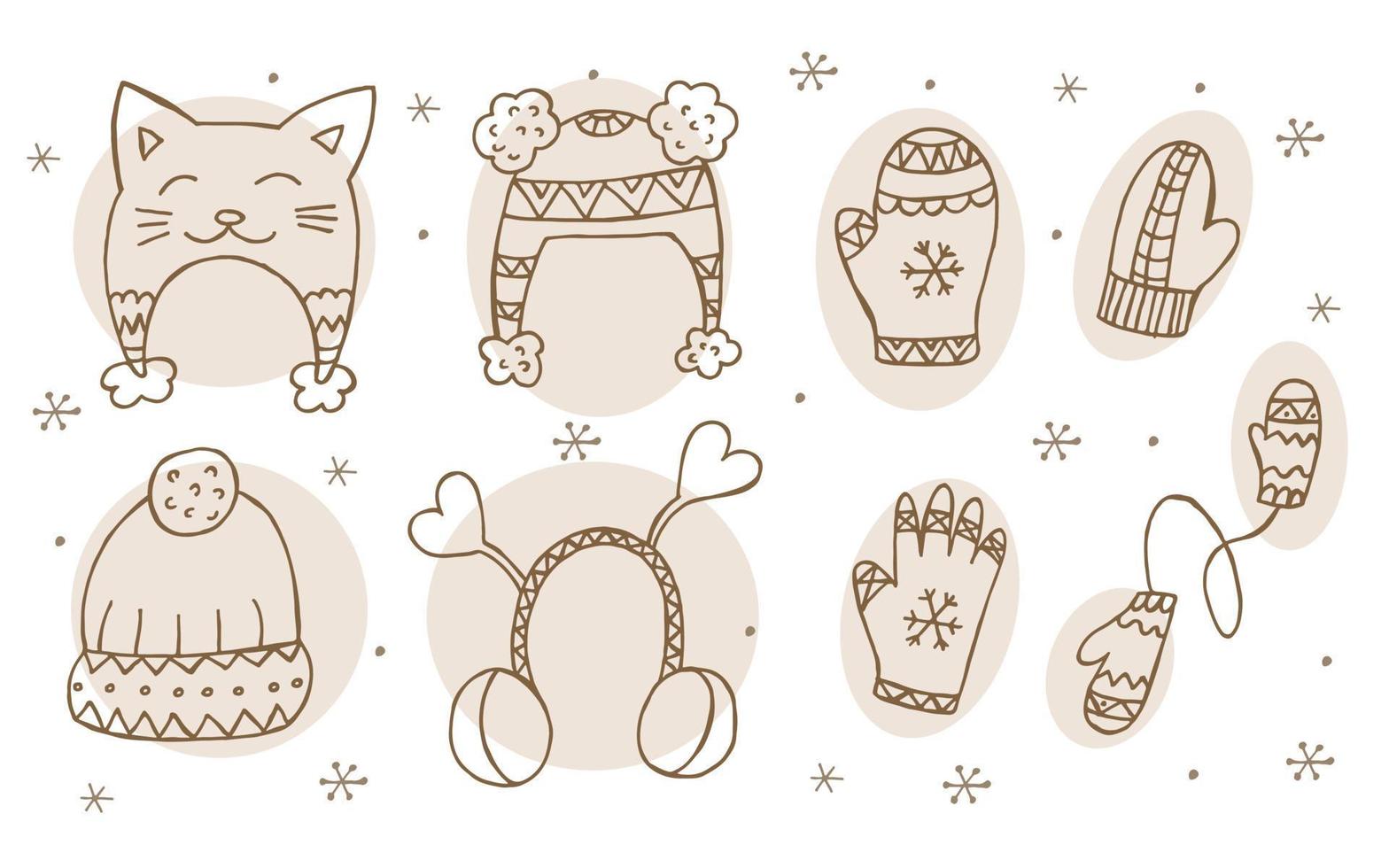 A set of hand-drawn winter clothing. Vector illustration in doodle style. Winter mood. Hello 2023. Merry Christmas and Happy New Year. Brown hats, mittens and glove on a white background.