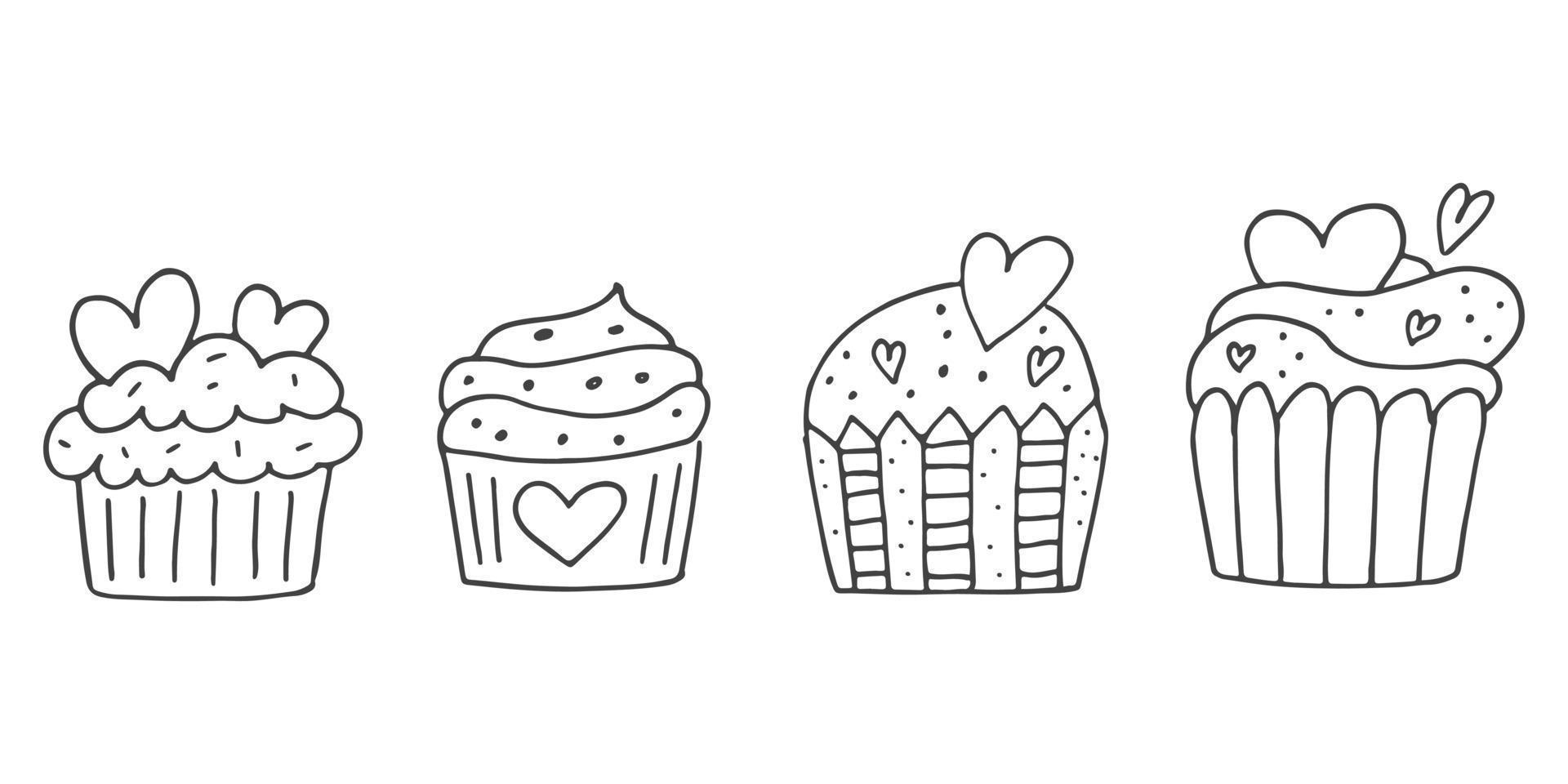 Set of cute hand-drawn doodle elements about love. Message stickers for apps. Icons for Valentines Day, romantic events and wedding. Cupcakes with hearts. vector