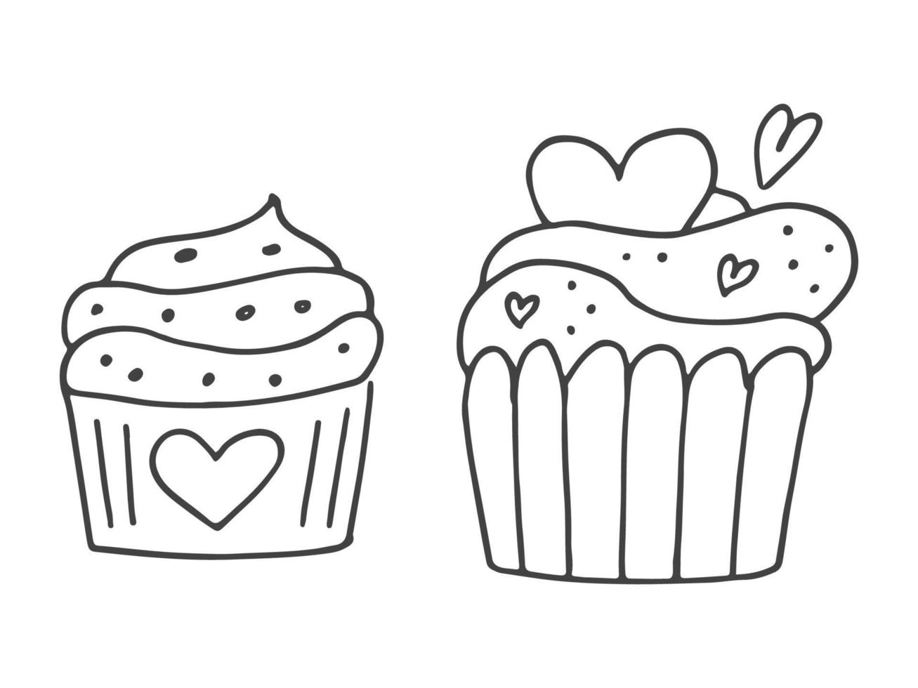 Set of cute hand-drawn doodle elements about love. Message stickers for apps. Icons for Valentines Day, romantic events and wedding. Cupcakes with hearts. vector