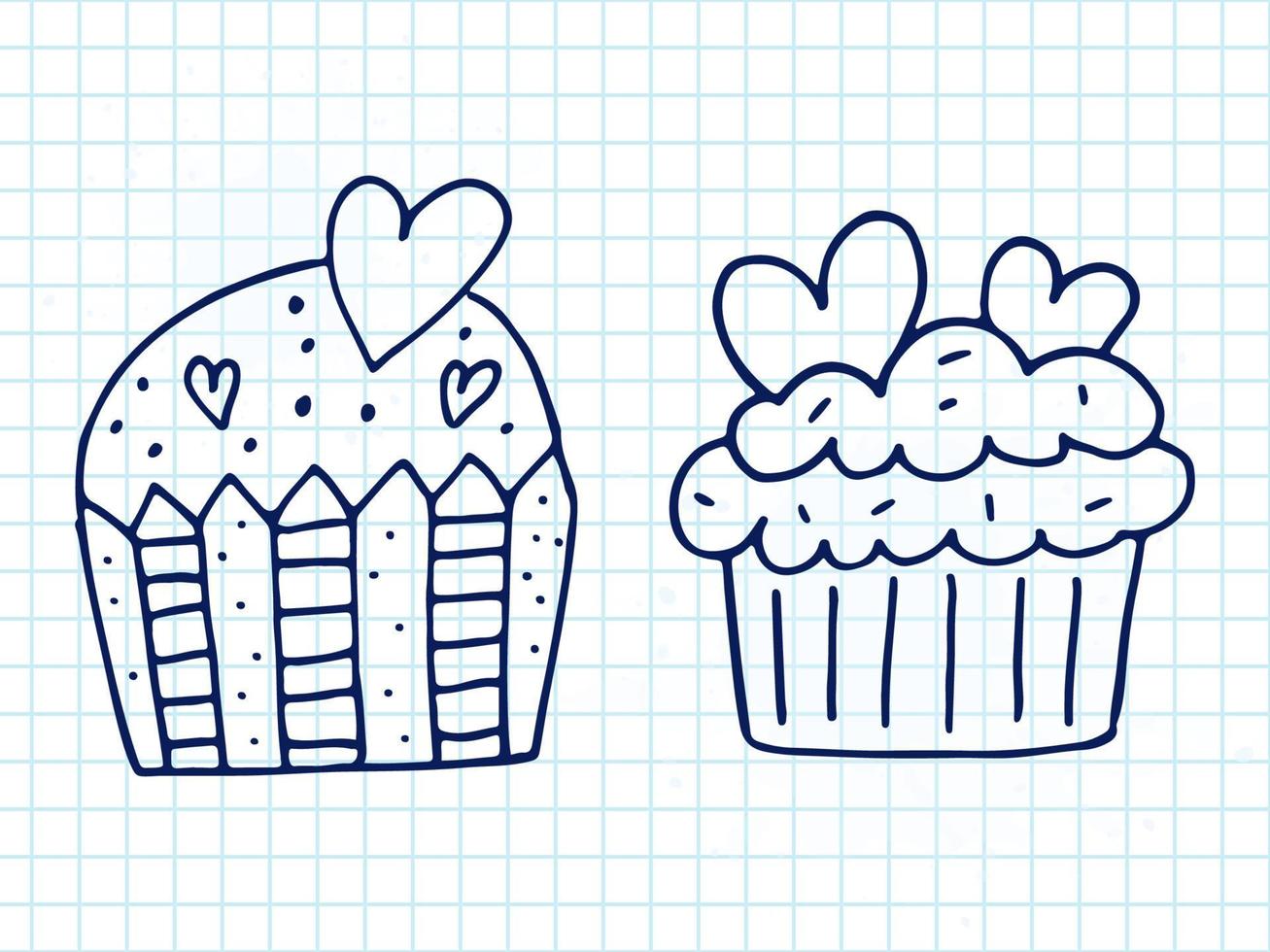 Set of cute hand-drawn doodle elements about love. Message stickers for apps. Icons for Valentines Day, romantic events and wedding. A checkered notebook. Cupcakes with hearts. vector