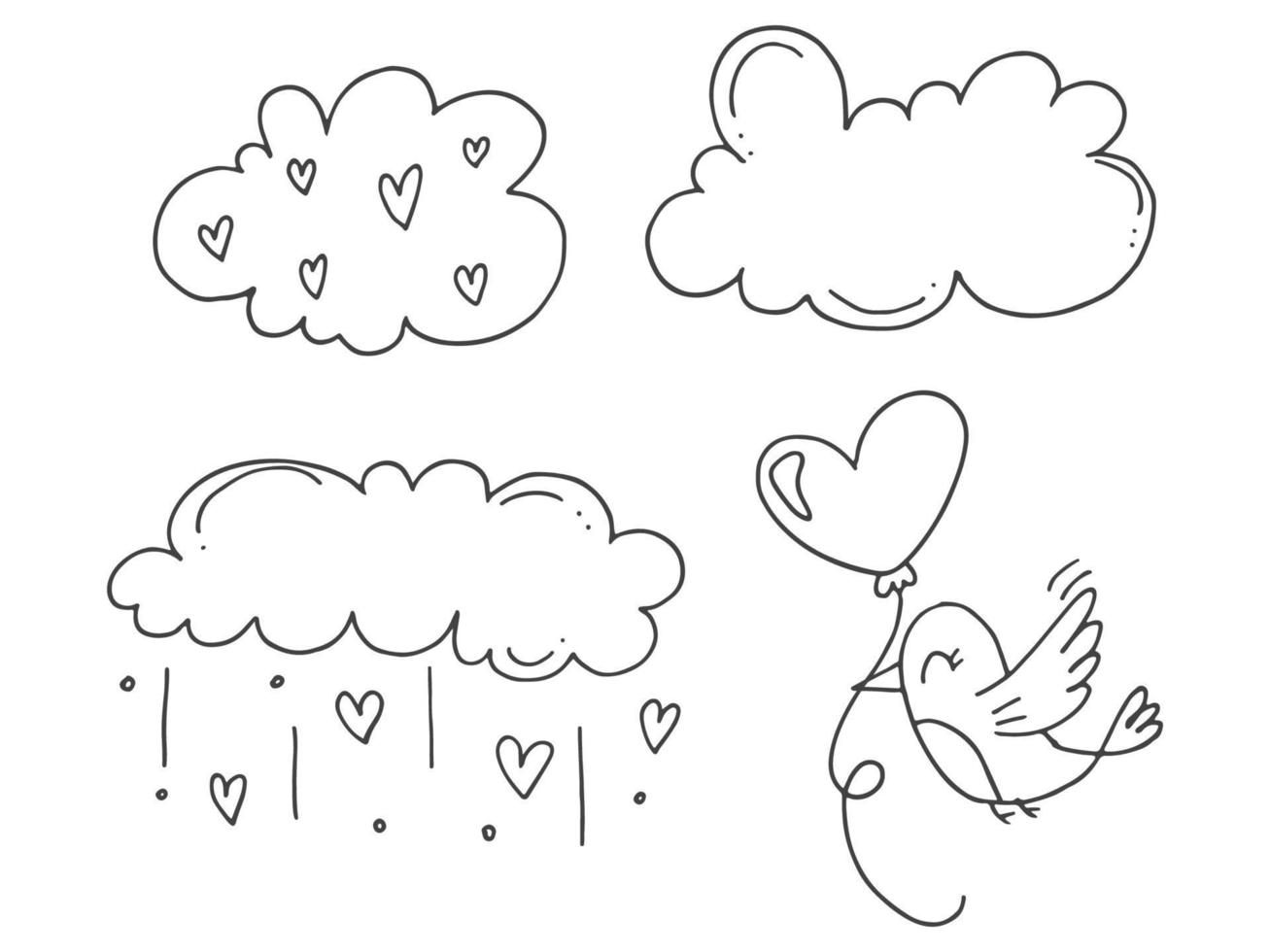 Set of cute hand-drawn doodle elements about love. Message stickers for apps. Icons for Valentines Day, romantic events and wedding. A bird with a balloon in the sky with clouds. vector