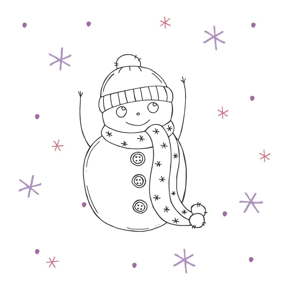 Cute snowman with purple and pink snowflakes on a white background. Vector illustration in doodle style. Winter mood. Hello 2023. Merry Christmas and Happy New Year.