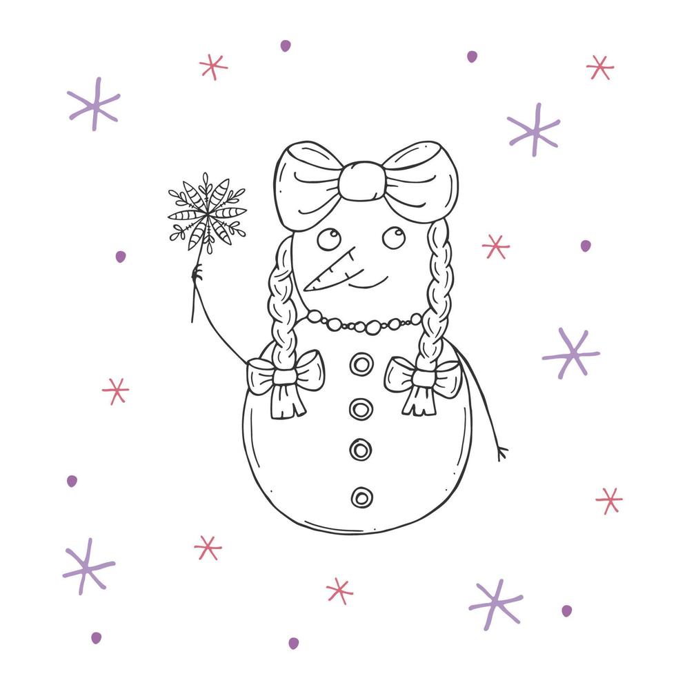 Cute snowman with purple and pink snowflakes on a white background. Vector illustration in doodle style. Winter mood. Hello 2023. Merry Christmas and Happy New Year.