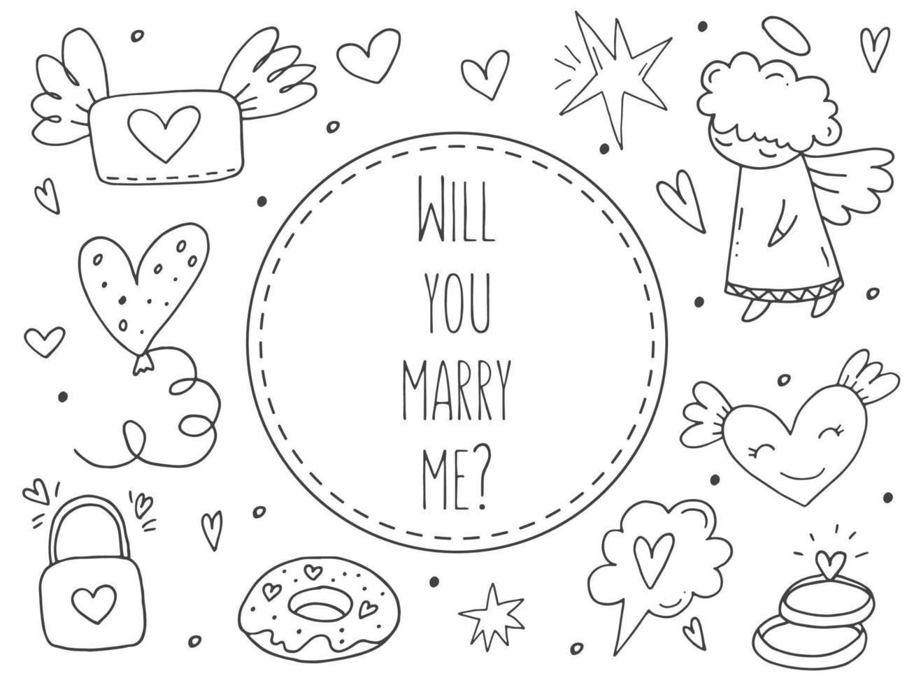 Big set of cute hand-drawn doodle elements about love. Message stickers for apps. Icons for Valentines Day, romantic events and wedding. vector