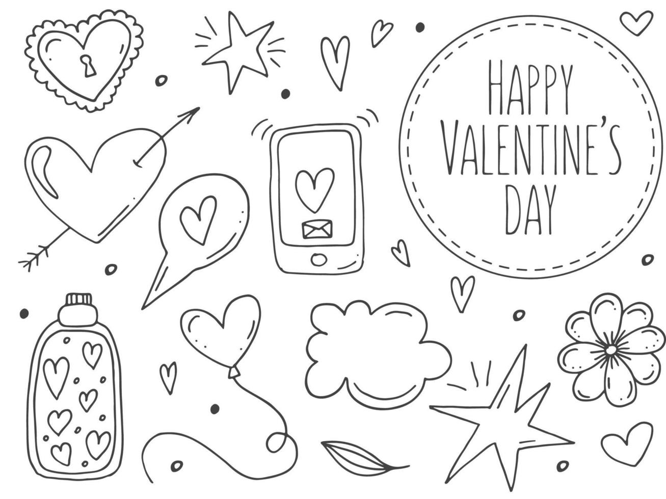 Big set of cute hand-drawn doodle elements about love. Message stickers for apps. Icons for Valentines Day, romantic events and wedding. vector