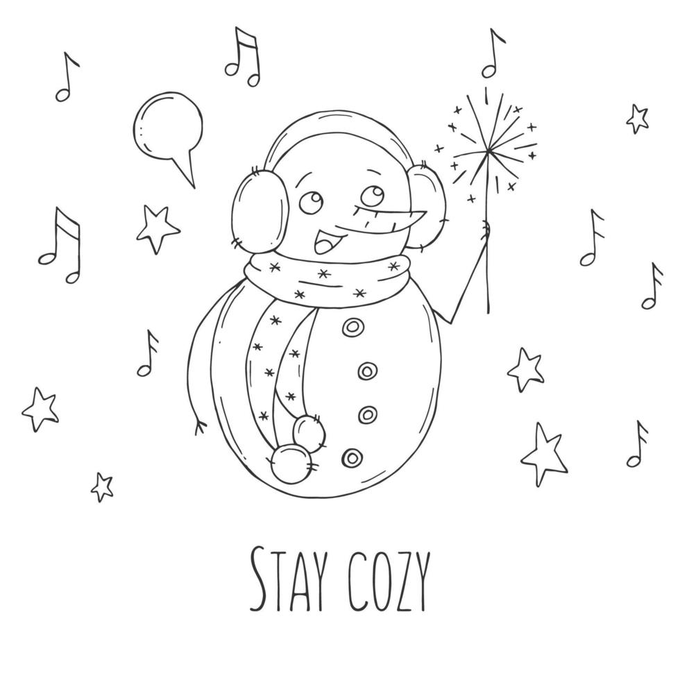 Cute snowman with stars and notes on a white background. Vector illustration in doodle style. Winter mood. Hello 2023. Merry Christmas and Happy New Year.