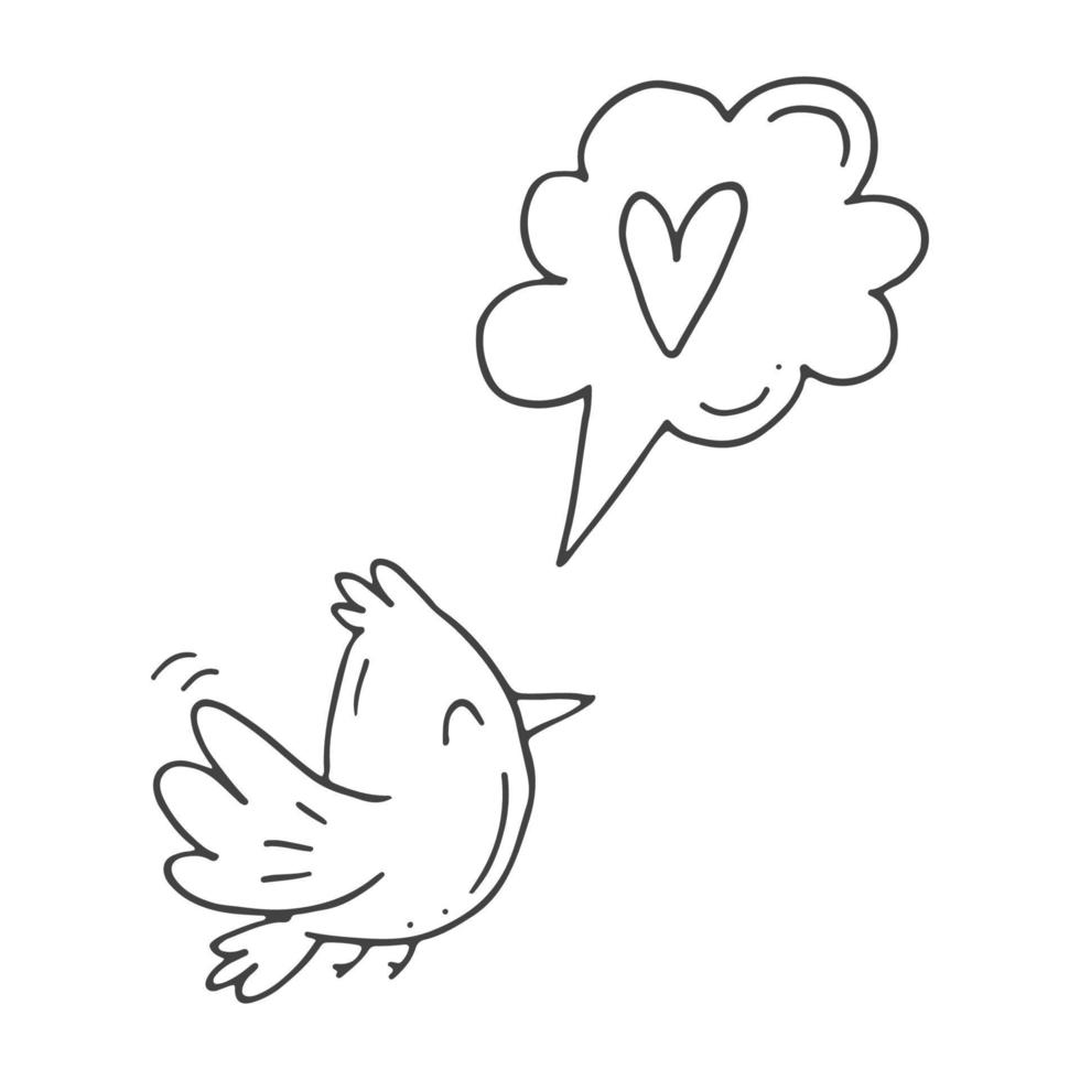 Set of cute hand-drawn doodle elements about love. Message stickers for apps. Icons for Valentines Day, romantic events and wedding. A bird sings a love song. vector