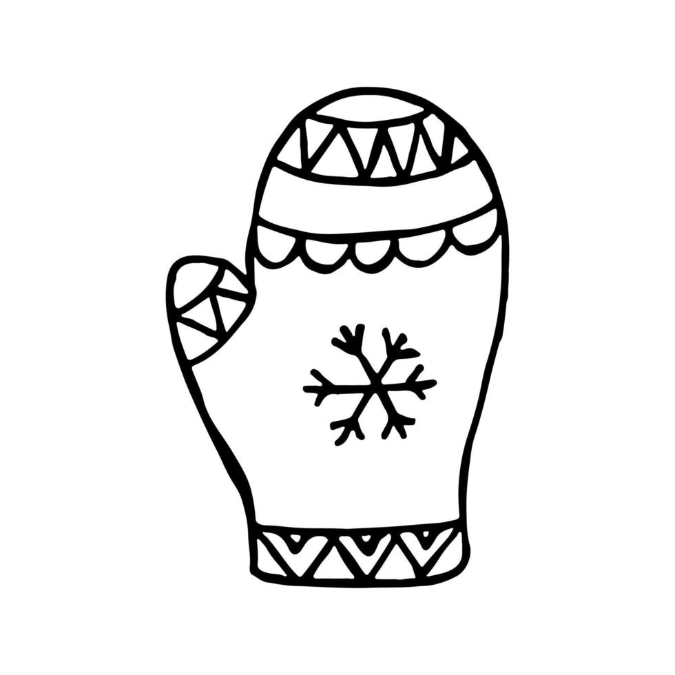 A hand-drawn winter clothing. Vector illustration in doodle style. Winter mood. Hello 2023. Merry Christmas and Happy New Year. Black mittens with ornament and snoflake on a white background.