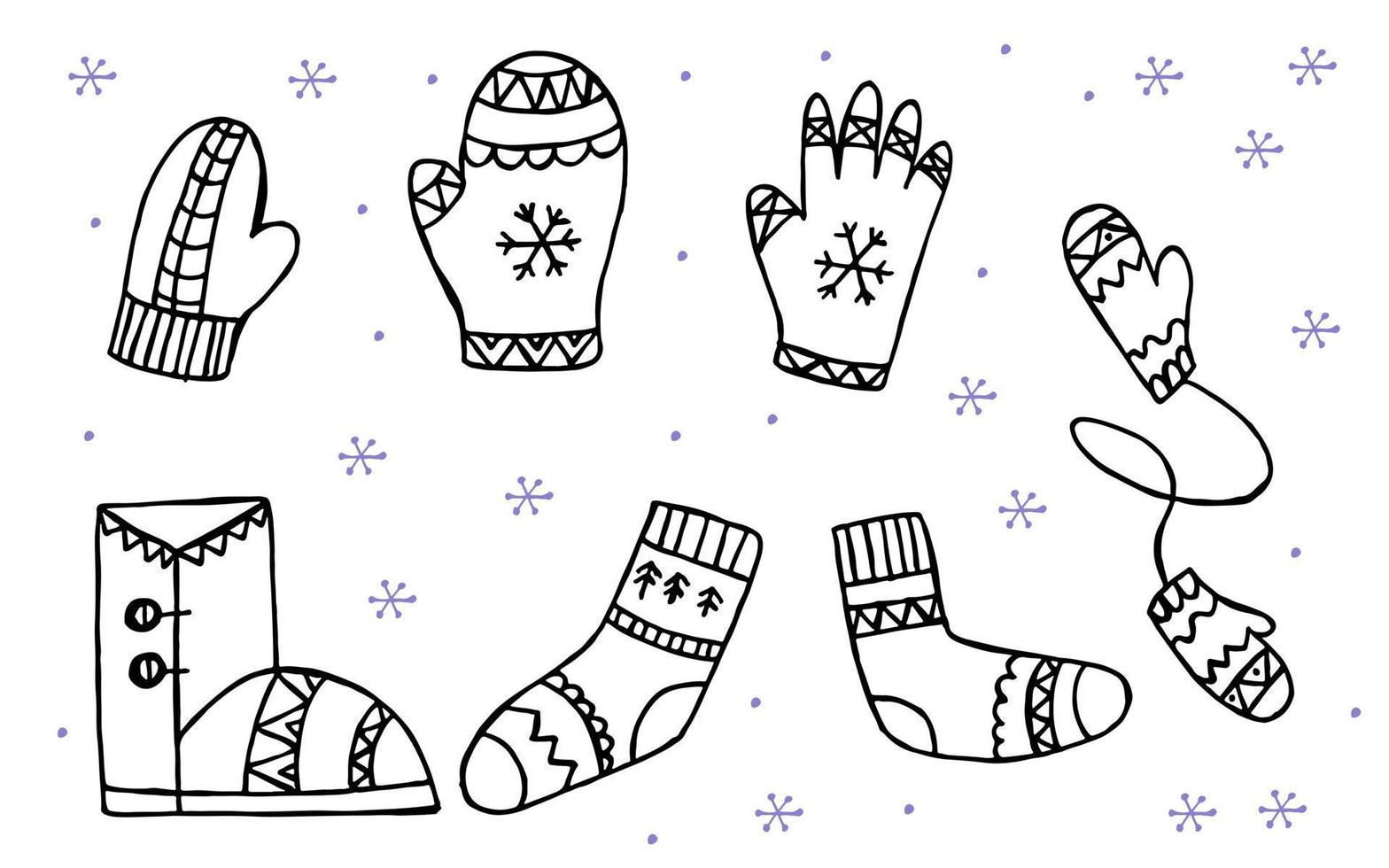 A set of hand-drawn winter clothing. Vector illustration in doodle style. Winter mood. Hello 2023. Merry Christmas and Happy New Year. Black and violet boot, socks and mittens on a white background.